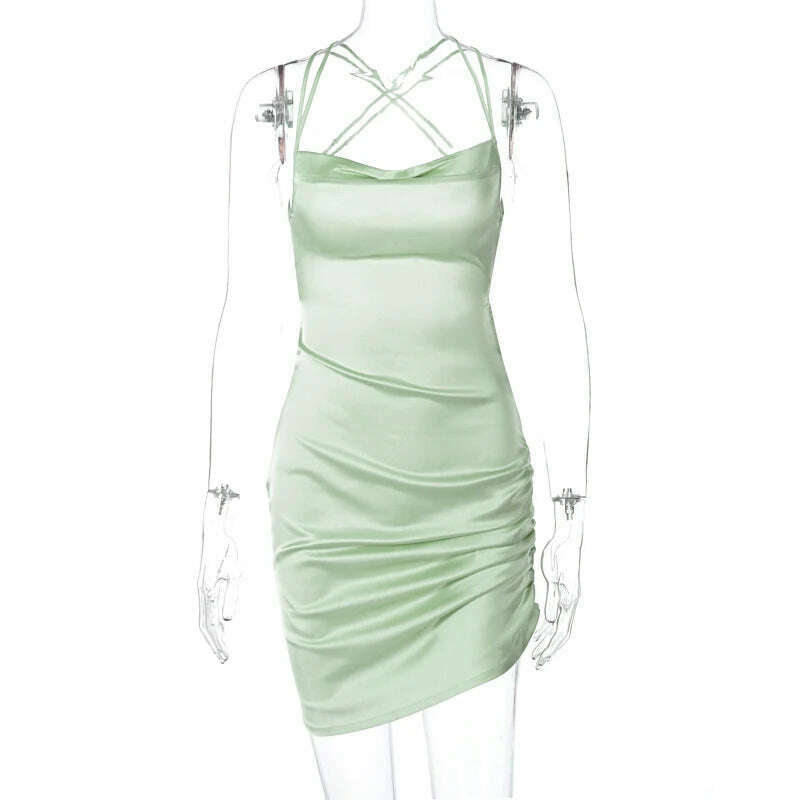 Yuqung Women Satin Backless Lace Up Strap Ruched Drawstring Mini Dress Sexy Faux Silk Strapless Party Club Beach Short Dresses - KIMLUD