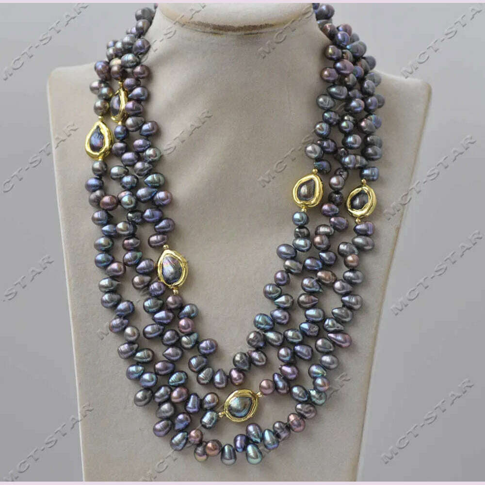 KIMLUD, Z13344 3Row 20" 16mm Peacock Black Rice Gold plated Freshwater Pearl Necklace Custom Jewelry, KIMLUD Womens Clothes