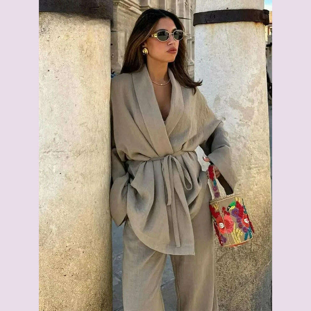 ZABA Women's Fashion Solid Colour Lapel Comfortable Tie Long Sleeve Shirt Casual High Waist Wide Leg Trousers Two Piece Set - KIMLUD
