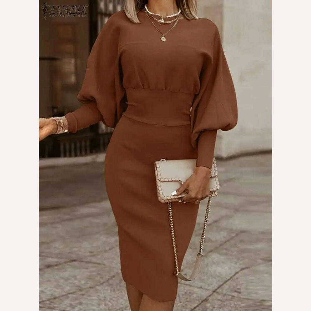 KIMLUD, ZANZEA Autumn Fashion Bodycorn Dress Elegant Solid Vestidos Ladies Lantern Sleeve Pencil Sundress Women Work OL Kaftan Dresses, Coffee / S, KIMLUD Womens Clothes