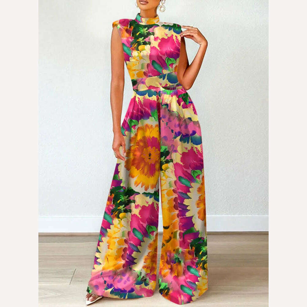 KIMLUD, ZANZEA Elegant Cinched Waist Wide Leg Pants Fashion Women Summer Floral Print Long Rompers Sleeveless Party Turtleneck Jumpsuits, Rose (Style A) / S / China, KIMLUD Womens Clothes