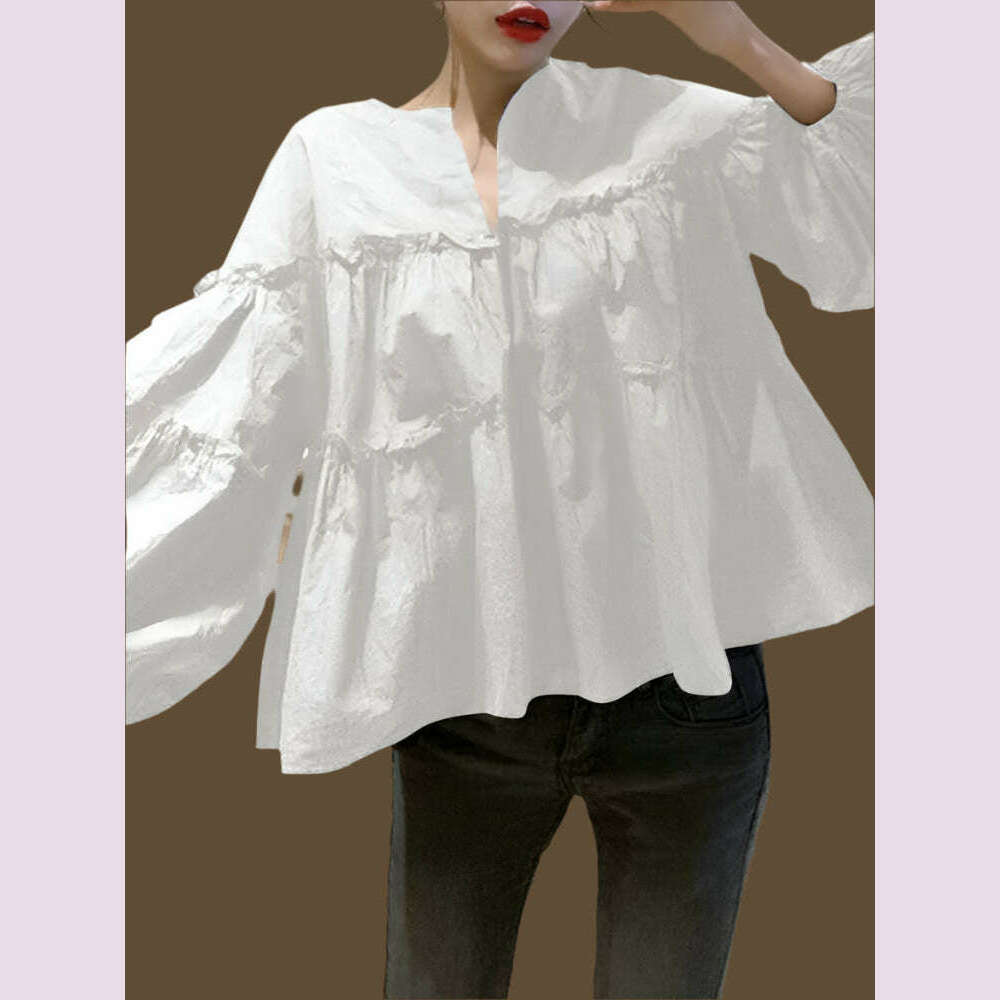 KIMLUD, ZANZEA Fashion Women Long Puff Sleeve Blouse Autumn Spring Eelgant Shirt Ruffles Blusas Femininas Mujer Party Work Tops Tunic, M / WHITE, KIMLUD APPAREL - Womens Clothes