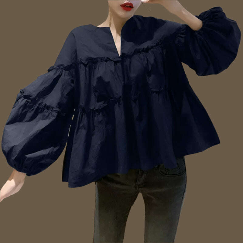 KIMLUD, ZANZEA Fashion Women Long Puff Sleeve Blouse Autumn Spring Eelgant Shirt Ruffles Blusas Femininas Mujer Party Work Tops Tunic, M / Navy, KIMLUD APPAREL - Womens Clothes