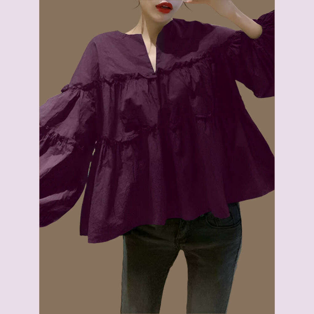 KIMLUD, ZANZEA Fashion Women Long Puff Sleeve Blouse Autumn Spring Eelgant Shirt Ruffles Blusas Femininas Mujer Party Work Tops Tunic, KIMLUD Womens Clothes