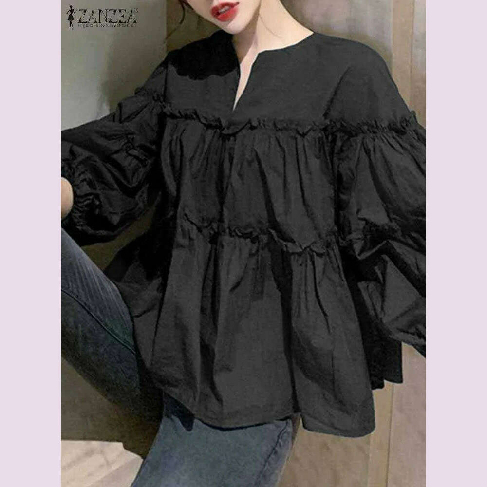 KIMLUD, ZANZEA Fashion Women Long Puff Sleeve Blouse Autumn Spring Eelgant Shirt Ruffles Blusas Femininas Mujer Party Work Tops Tunic, 4XL / black, KIMLUD APPAREL - Womens Clothes