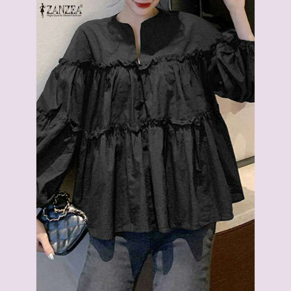 KIMLUD, ZANZEA Fashion Women Long Puff Sleeve Blouse Autumn Spring Eelgant Shirt Ruffles Blusas Femininas Mujer Party Work Tops Tunic, KIMLUD Womens Clothes