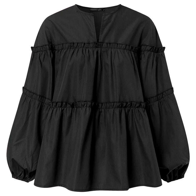 KIMLUD, ZANZEA Fashion Women Long Puff Sleeve Blouse Autumn Spring Eelgant Shirt Ruffles Blusas Femininas Mujer Party Work Tops Tunic, KIMLUD Womens Clothes