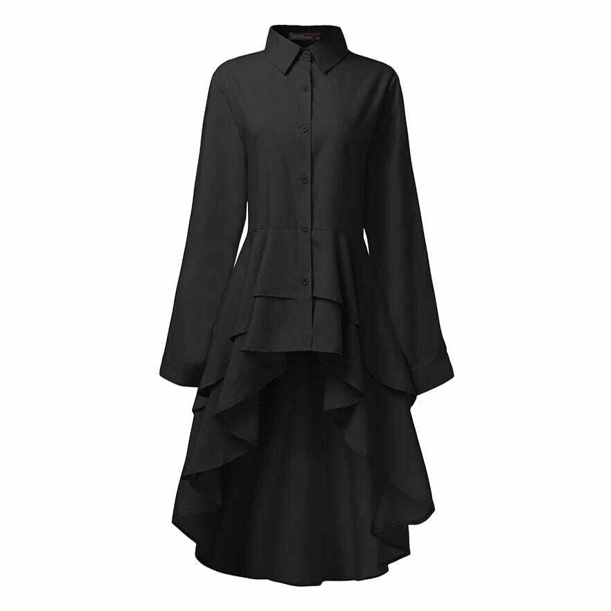 KIMLUD, ZANZEA Fashion Women Ruffles Hem Blouse Elegant Lapel Neck Swallowtail Shirts Solid Long Sleeve High Waist Tops Irregular Blusas, Black / M, KIMLUD Womens Clothes