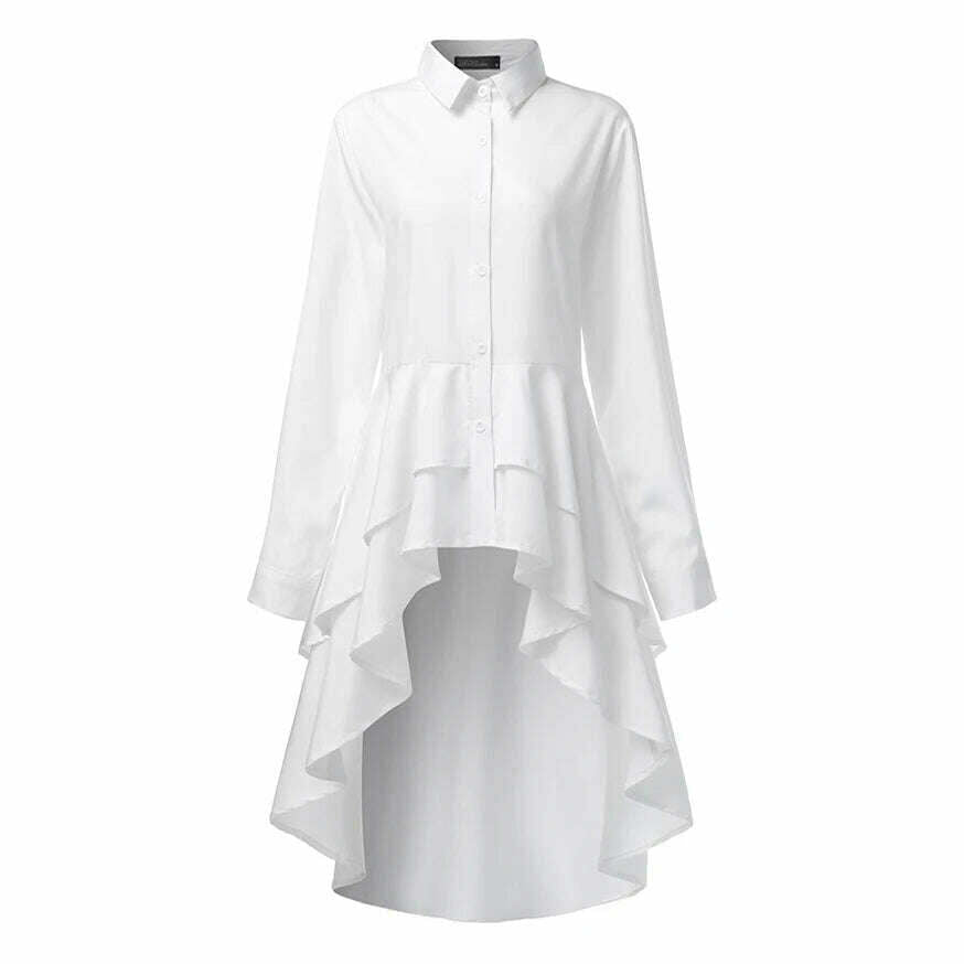 KIMLUD, ZANZEA Fashion Women Ruffles Hem Blouse Elegant Lapel Neck Swallowtail Shirts Solid Long Sleeve High Waist Tops Irregular Blusas, White / M, KIMLUD Women's Clothes