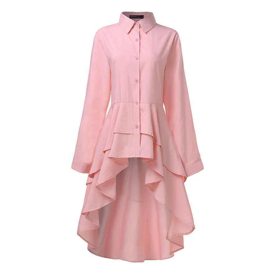 KIMLUD, ZANZEA Fashion Women Ruffles Hem Blouse Elegant Lapel Neck Swallowtail Shirts Solid Long Sleeve High Waist Tops Irregular Blusas, Pink / M, KIMLUD Womens Clothes