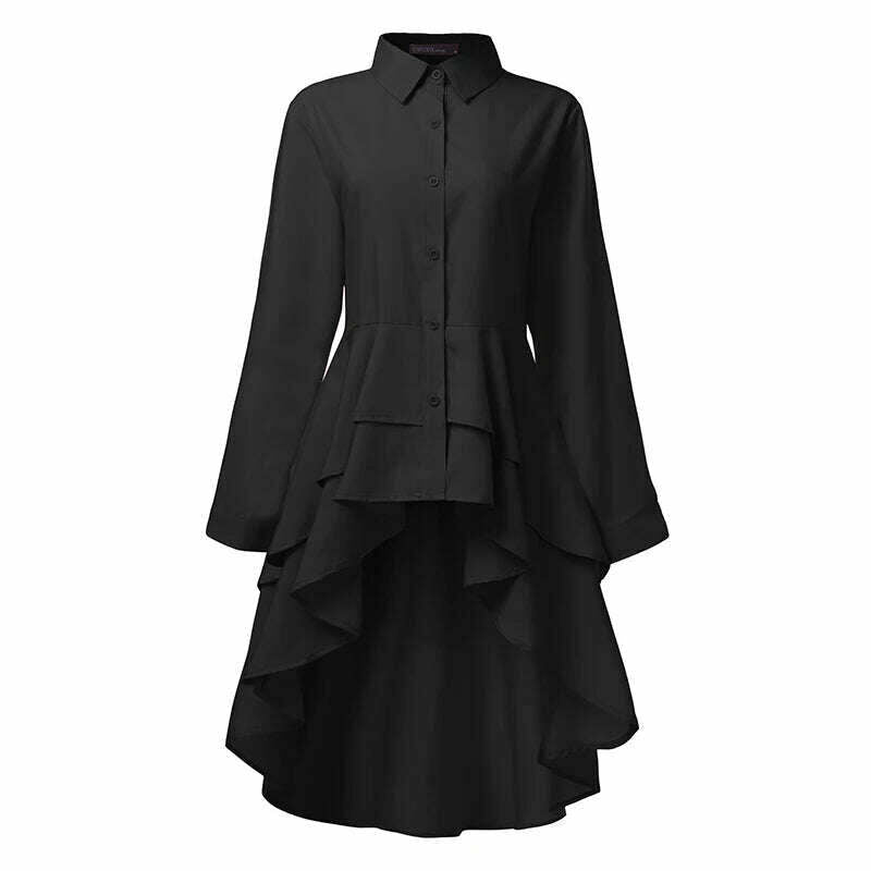 KIMLUD, ZANZEA Fashion Women Ruffles Hem Blouse Elegant Lapel Neck Swallowtail Shirts Solid Long Sleeve High Waist Tops Irregular Blusas, KIMLUD Womens Clothes