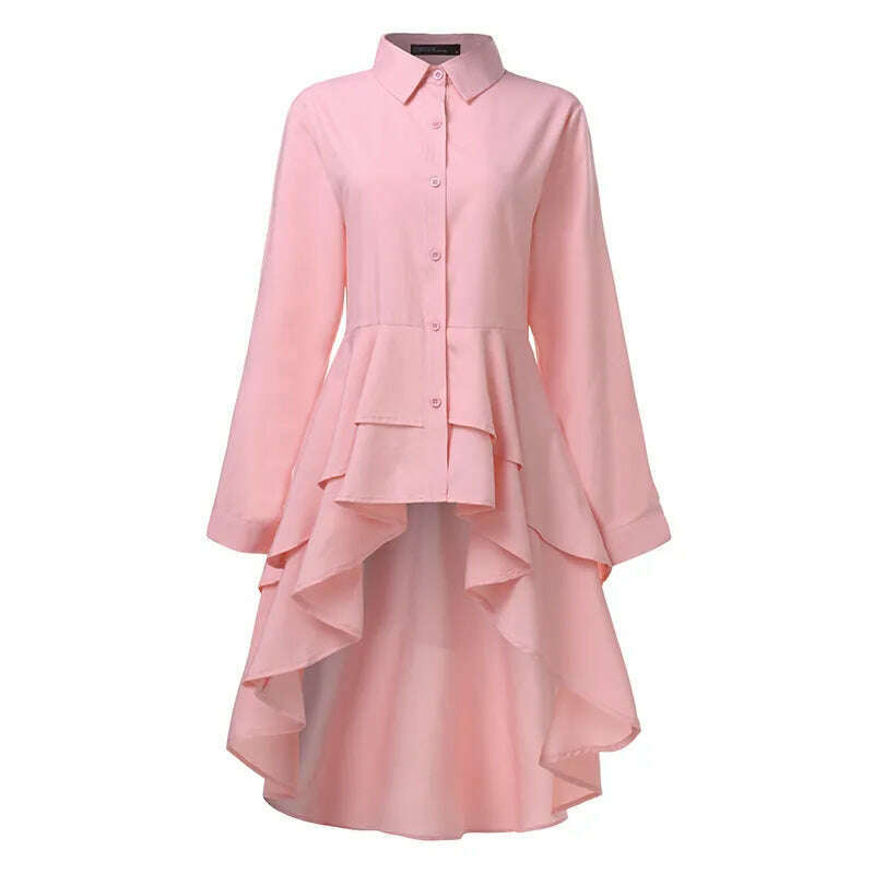 ZANZEA Fashion Women Ruffles Hem Blouse Elegant Lapel Neck Swallowtail Shirts Solid Long Sleeve High Waist Tops Irregular Blusas - KIMLUD
