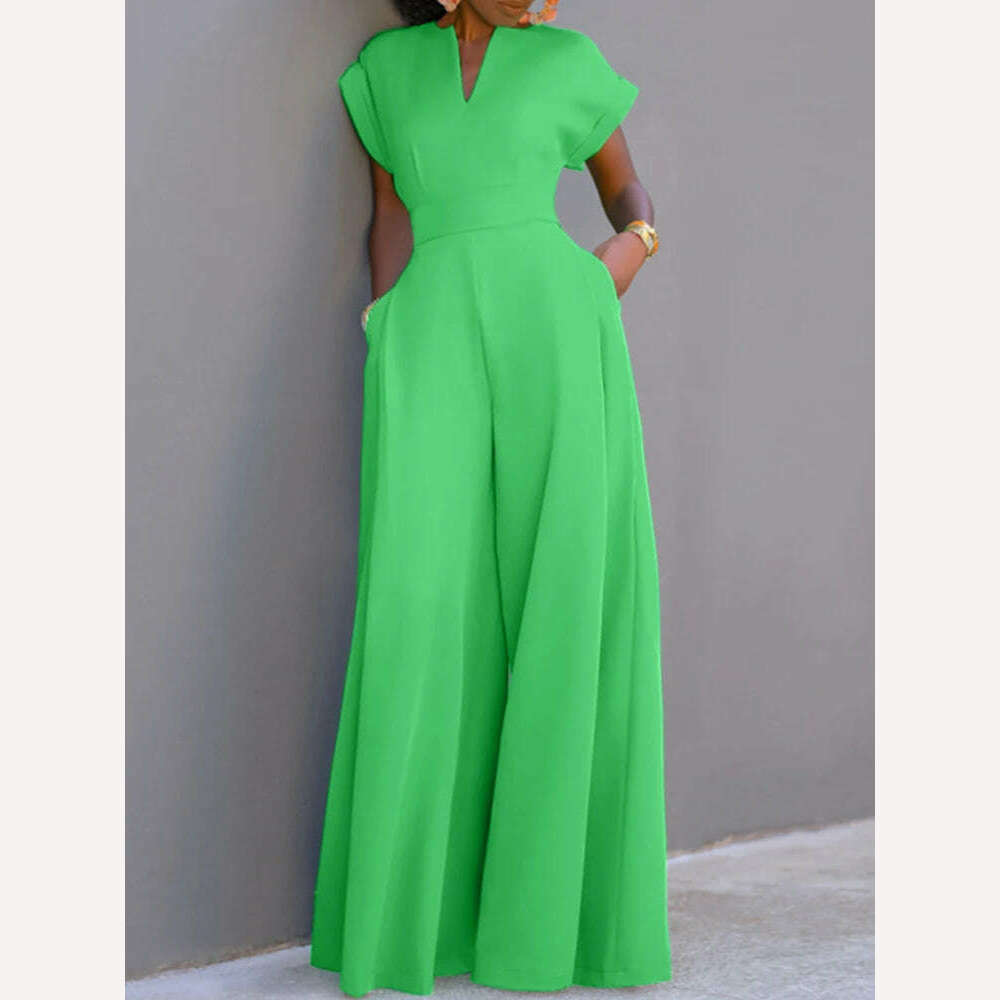 KIMLUD, ZANZEA Short Sleeve 2023 Summer Long Rompers Commuting Elegant Holiday Women Playsuit Wide Leg Pants Casual Jumpsuits Overalls, Green / XXL, KIMLUD Womens Clothes