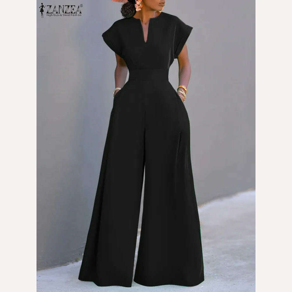 KIMLUD, ZANZEA Short Sleeve 2023 Summer Long Rompers Commuting Elegant Holiday Women Playsuit Wide Leg Pants Casual Jumpsuits Overalls, KIMLUD Womens Clothes