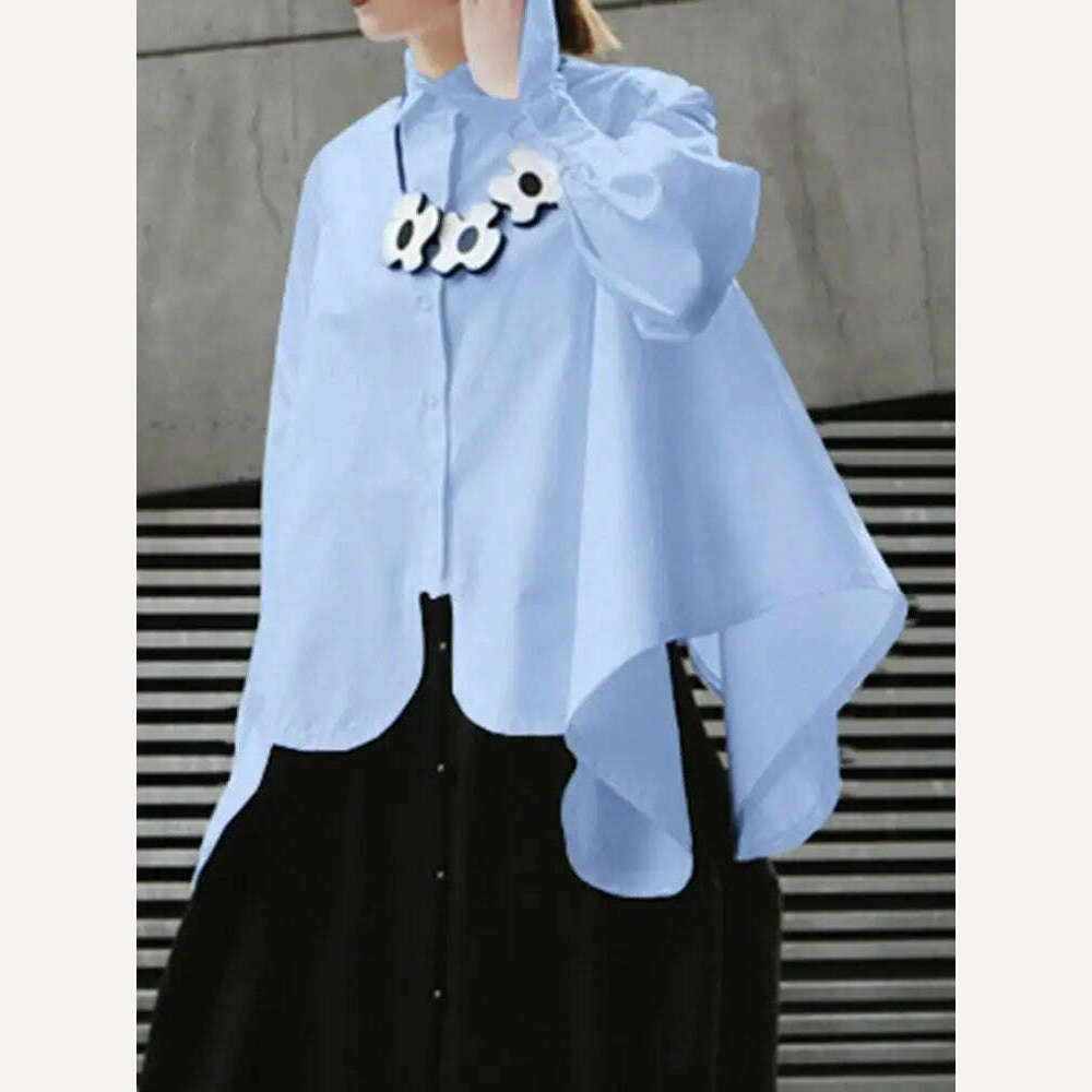 KIMLUD, ZANZEA Women Asymmetrical Blouse Autumn Spring Fashion Shirt Long Sleeve Blusas Female Casual Work Holiday Tops Buttons Chemise, Light Blue / L, KIMLUD Women's Clothes