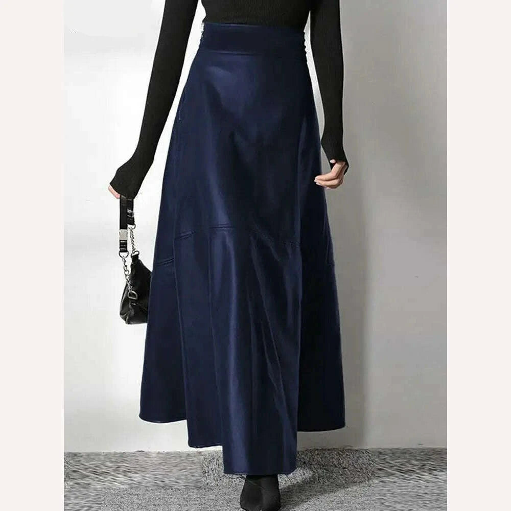 KIMLUD, ZANZEA Women's PU Leather Maxi Skirt 2023 Spring Elegant OL Long Saias Fashion Solid Mujer Faldas Casual High Waist Zipper Jupe, Blue / S, KIMLUD Women's Clothes