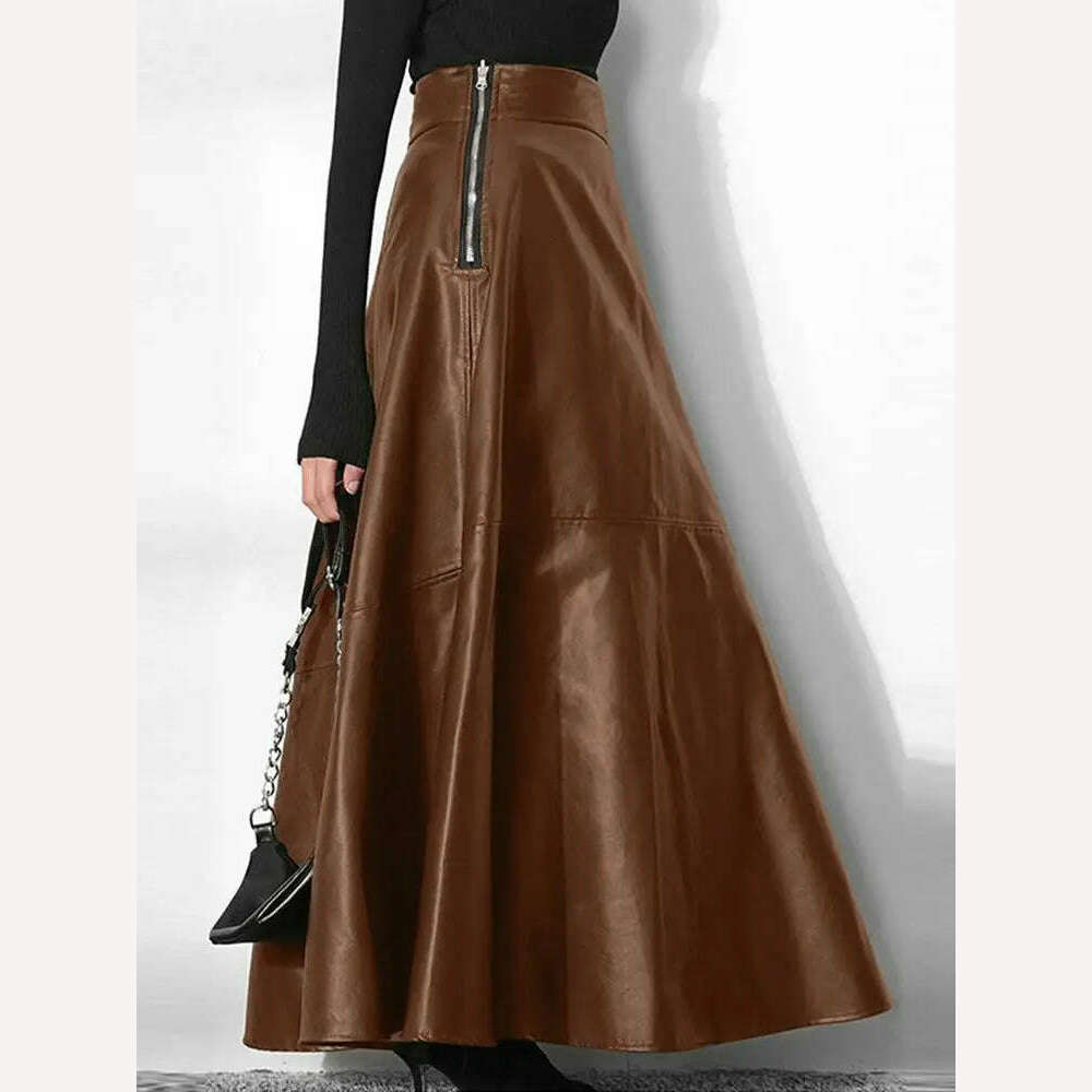 KIMLUD, ZANZEA Women's PU Leather Maxi Skirt 2023 Spring Elegant OL Long Saias Fashion Solid Mujer Faldas Casual High Waist Zipper Jupe, Khaki / S, KIMLUD Women's Clothes