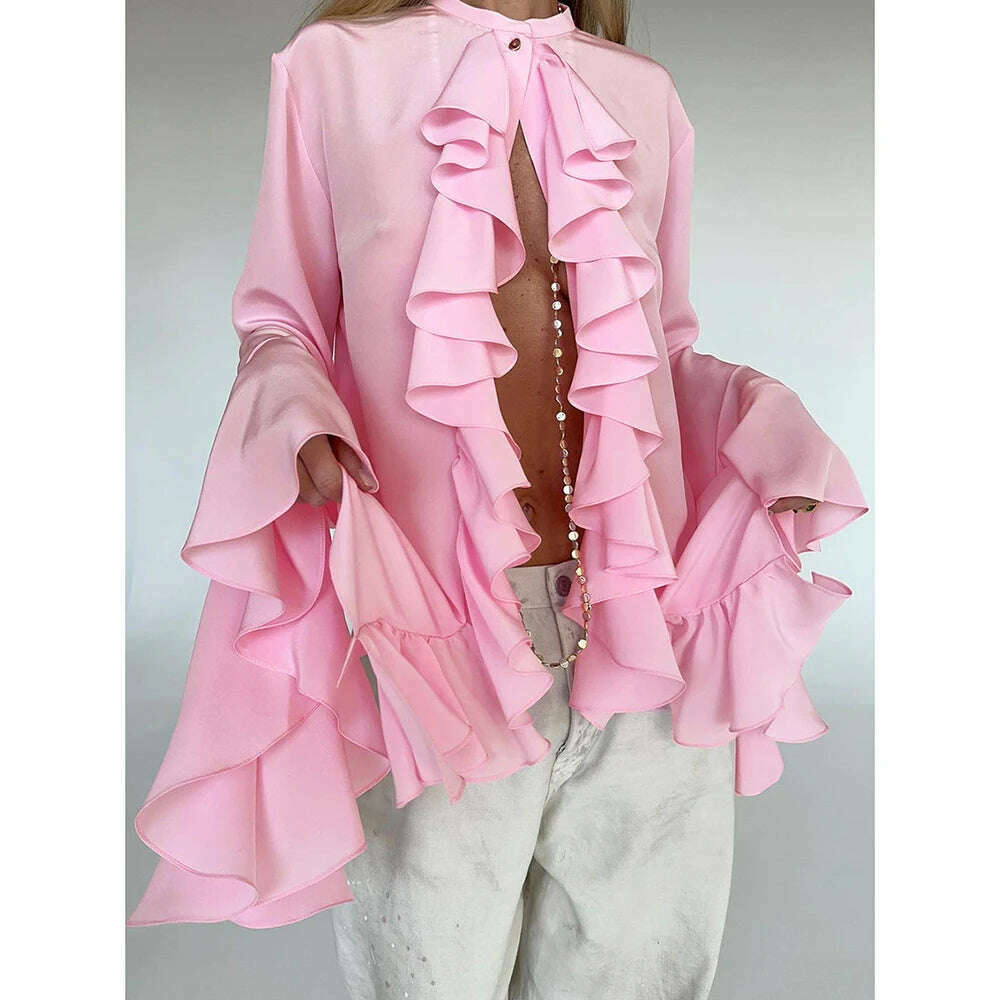 KIMLUD, Zenaide 2024 Ruffled Flare Long Sleeve Sexy Loose Crop Top Spring Women Elegant Fashion Blouse Shirts Office Lady, Pink / S, KIMLUD APPAREL - Womens Clothes