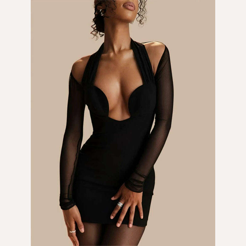 KIMLUD, Zenaide Mesh Strapless Long Sleeve Sexy Mini Dress For Women Off Shoulder Halter Chest Wrap Bodycon Club Party Dresses Elegant, KIMLUD Womens Clothes