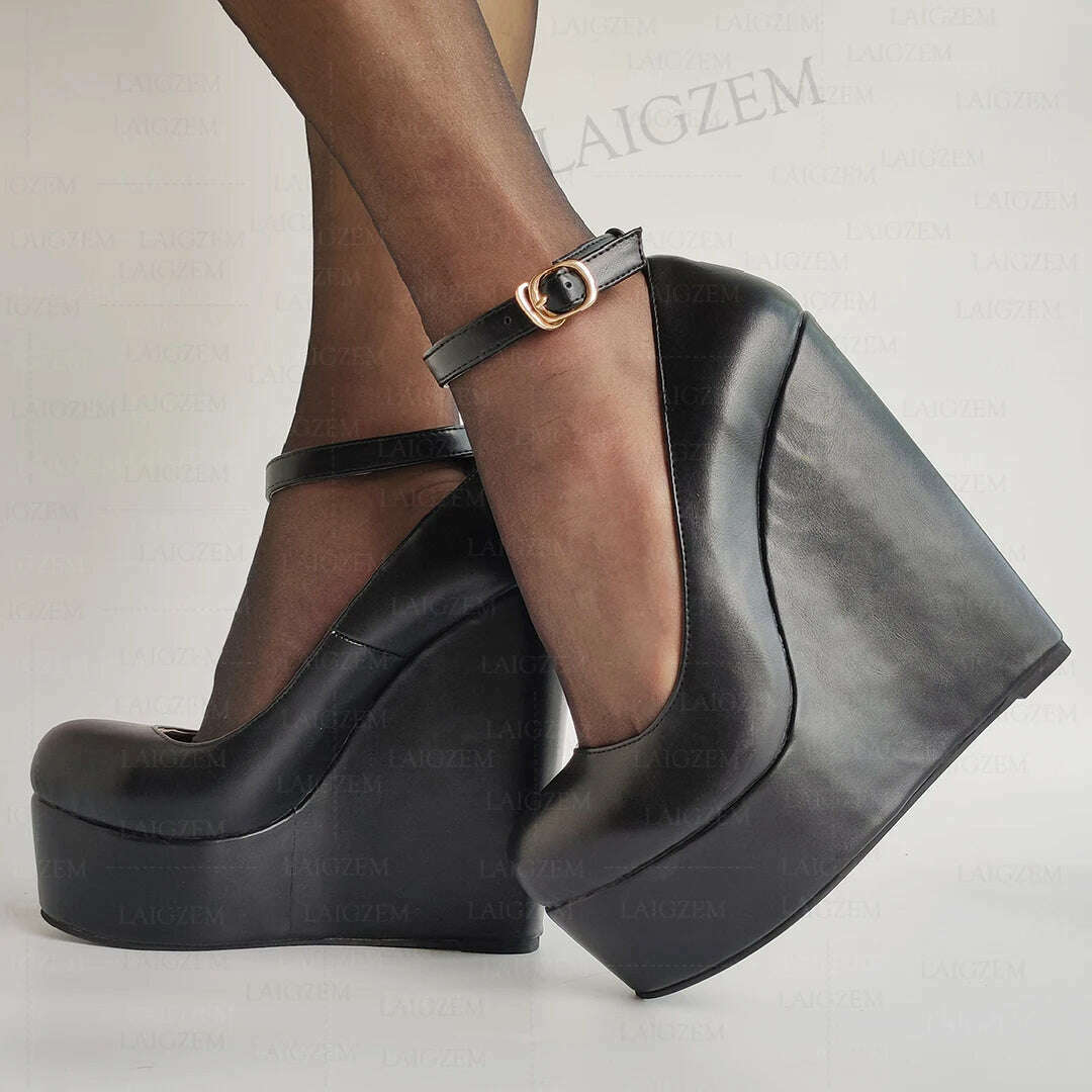 KIMLUD, ZHIMA Women Pumps Platform Wedges Faux Leather Round Toe High Heels Sandals Ladies Party Shoes Woman Large Size 39 41 42 45 48, ZM130 Black / 4, KIMLUD Womens Clothes