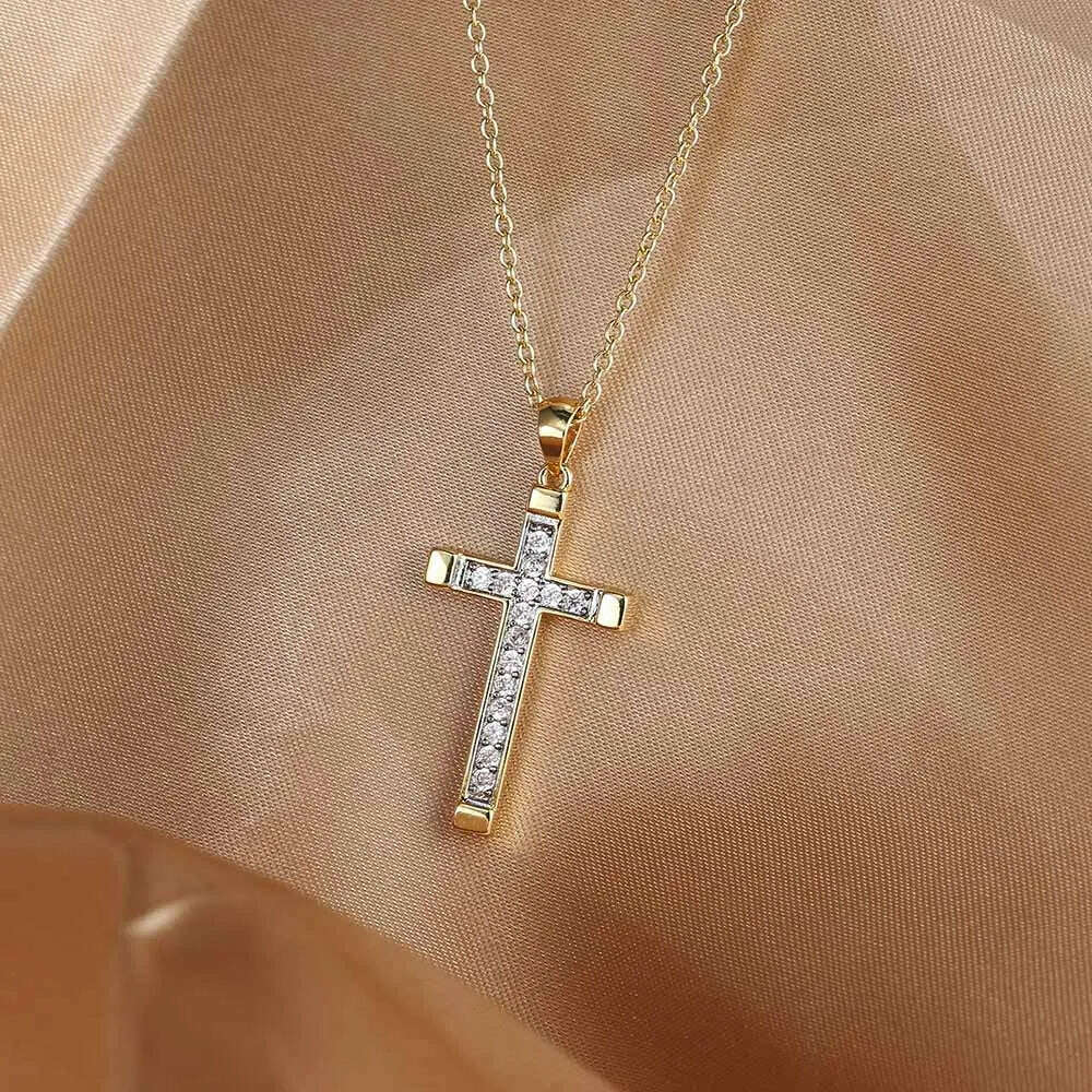 KIMLUD, ZHOUYANG Pendant Necklace For Women Luxury Zircon Cross Light Gold Color Kpop Choker Chain Christmas Gift Jewelry Wholesale N221, KIMLUD Womens Clothes