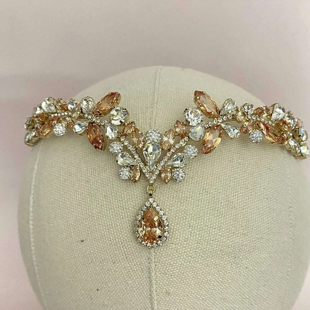 Zircon Wedding Headband Bride Tiaras Water Drop Bridal Hair Accessories Crystal Crown Forehead Women Hairband Girl Jewelry - KIMLUD