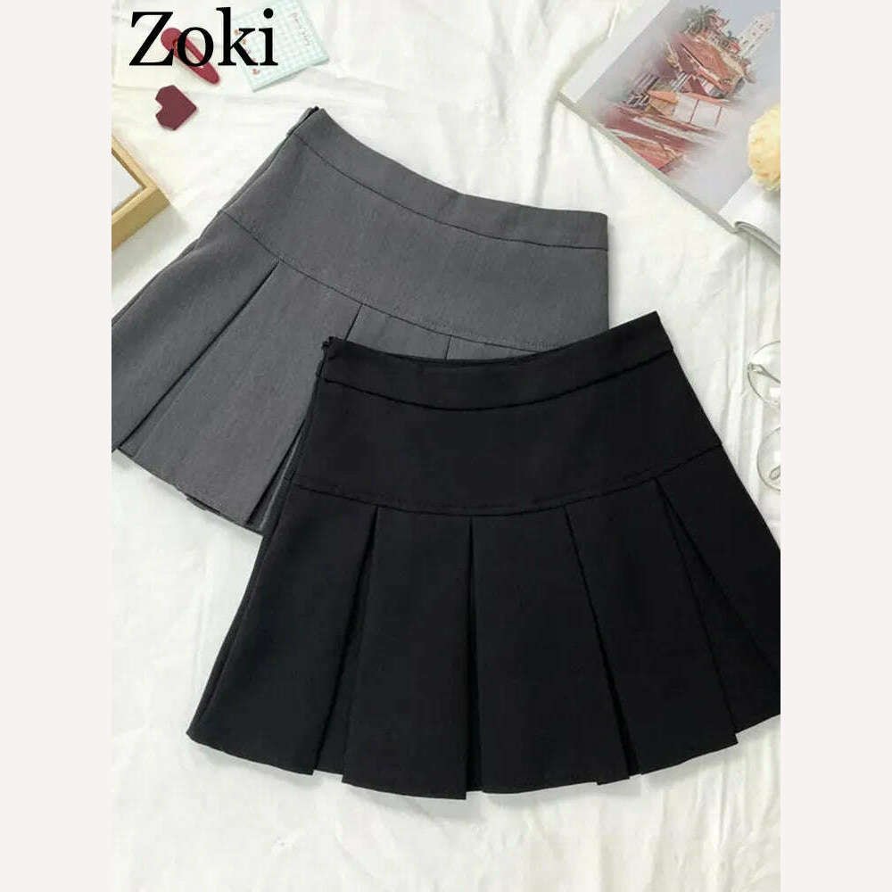 KIMLUD, ZOKI  Vintage Gray Pleated Skirt Women Kawaii High Waist Mini Skirts Korean Fashion School Uniform Harajuku Streetwear Spring, KIMLUD Women's Clothes