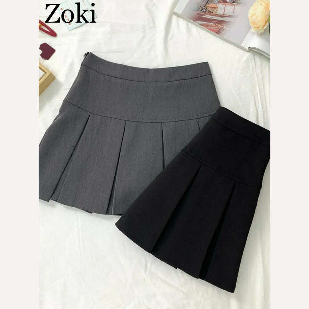 KIMLUD, ZOKI  Vintage Gray Pleated Skirt Women Kawaii High Waist Mini Skirts Korean Fashion School Uniform Harajuku Streetwear Spring, KIMLUD Womens Clothes