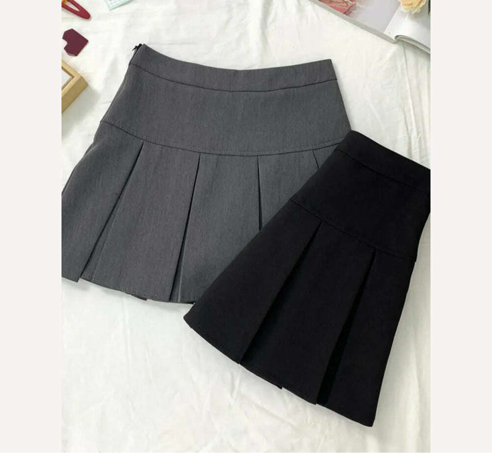 KIMLUD, ZOKI  Vintage Gray Pleated Skirt Women Kawaii High Waist Mini Skirts Korean Fashion School Uniform Harajuku Streetwear Spring, KIMLUD Womens Clothes