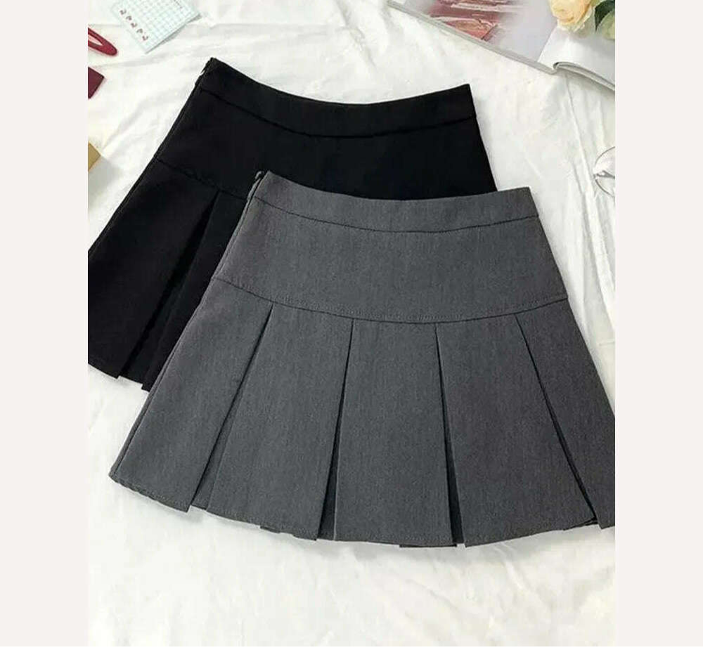 KIMLUD, ZOKI  Vintage Gray Pleated Skirt Women Kawaii High Waist Mini Skirts Korean Fashion School Uniform Harajuku Streetwear Spring, KIMLUD Womens Clothes