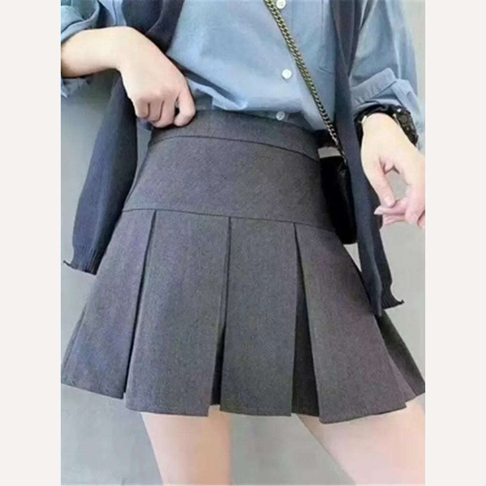KIMLUD, ZOKI  Vintage Gray Pleated Skirt Women Kawaii High Waist Mini Skirts Korean Fashion School Uniform Harajuku Streetwear Spring, Dark Grey / S, KIMLUD Womens Clothes