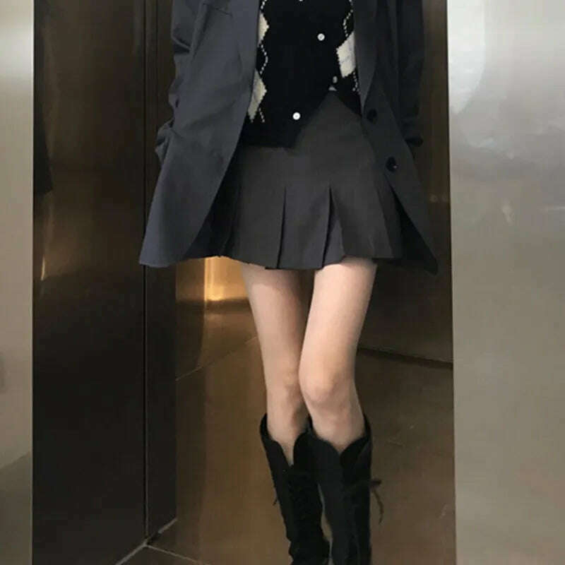 ZOKI Vintage Gray Pleated Skirt Women Kawaii High Waist Mini Skirts Korean Fashion School Uniform Harajuku Streetwear Spring - KIMLUD