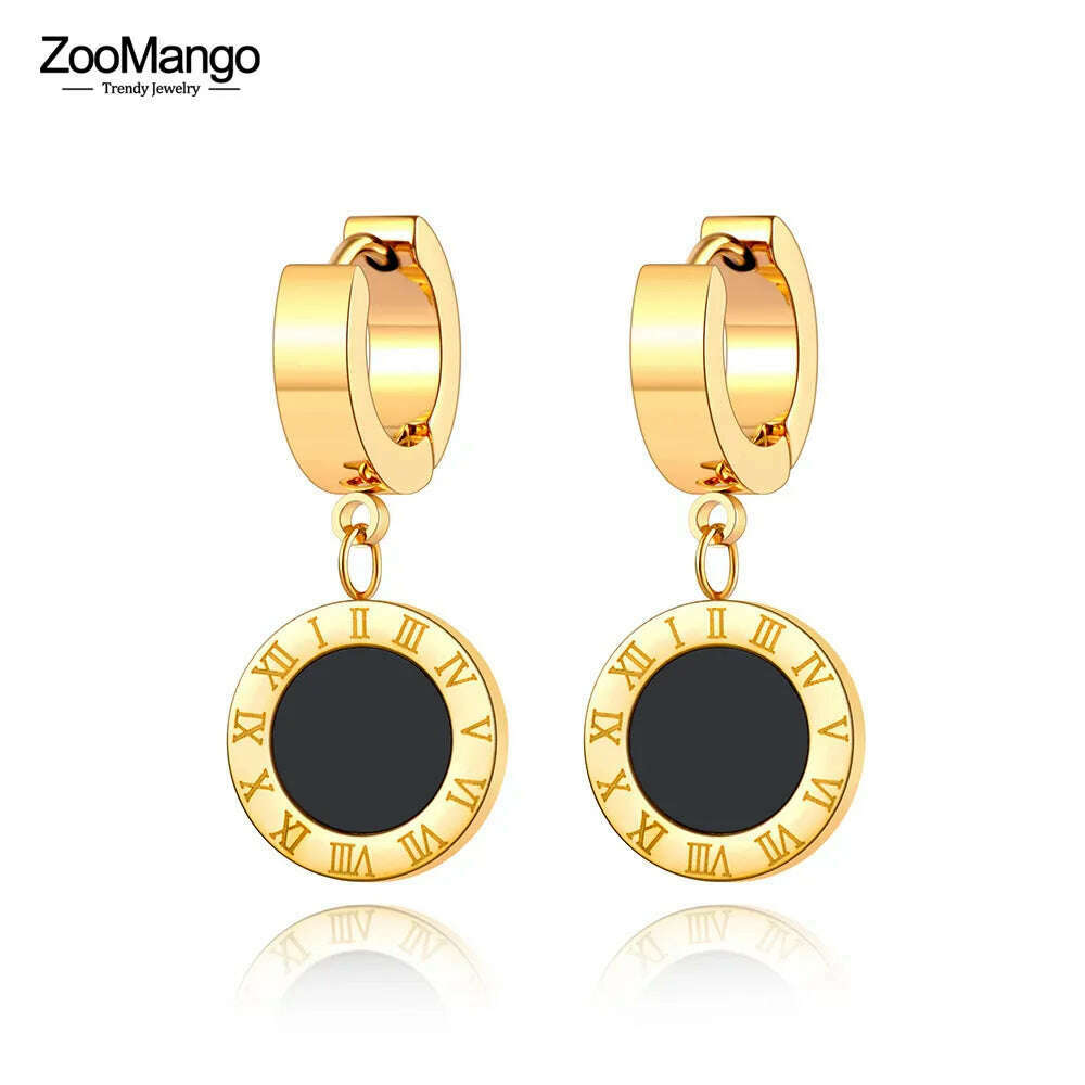 KIMLUD, ZooMango Black Shell Roman Numerals Circle Hoop Earrings Titanium Steel Rose Gold Color Wedding Earrings For Women ZE18114, KIMLUD Women's Clothes