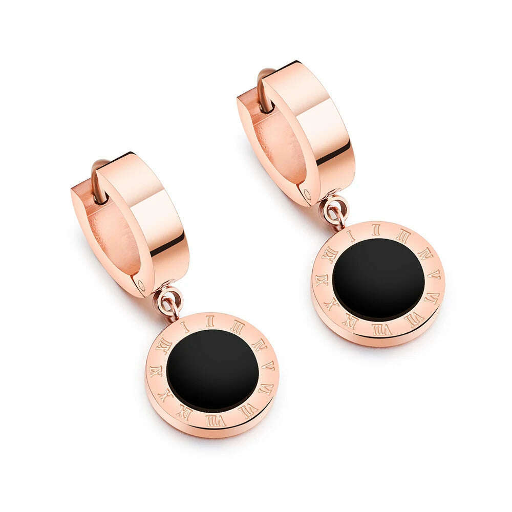 KIMLUD, ZooMango Black Shell Roman Numerals Circle Hoop Earrings Titanium Steel Rose Gold Color Wedding Earrings For Women ZE18114, KIMLUD Womens Clothes