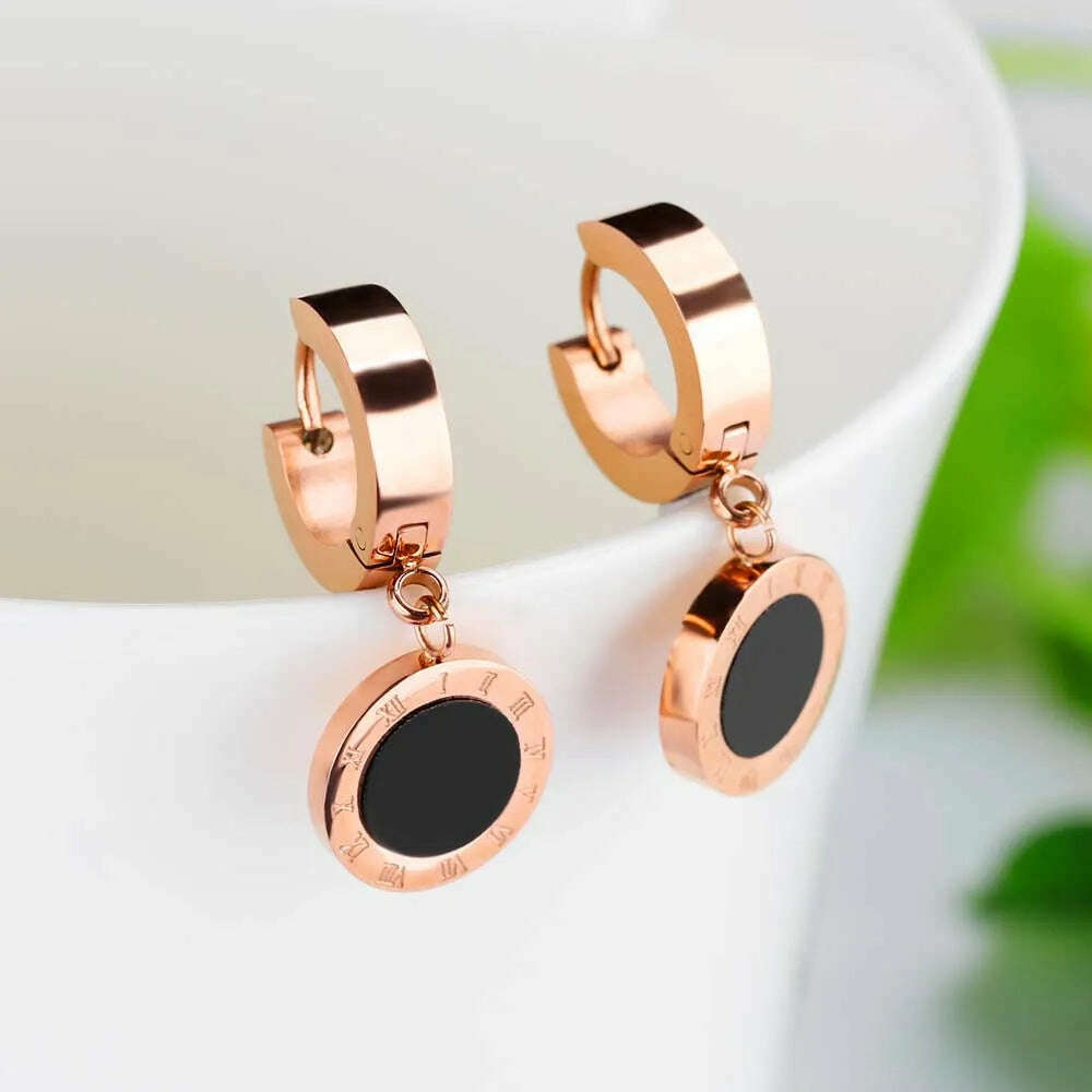 KIMLUD, ZooMango Black Shell Roman Numerals Circle Hoop Earrings Titanium Steel Rose Gold Color Wedding Earrings For Women ZE18114, KIMLUD Womens Clothes