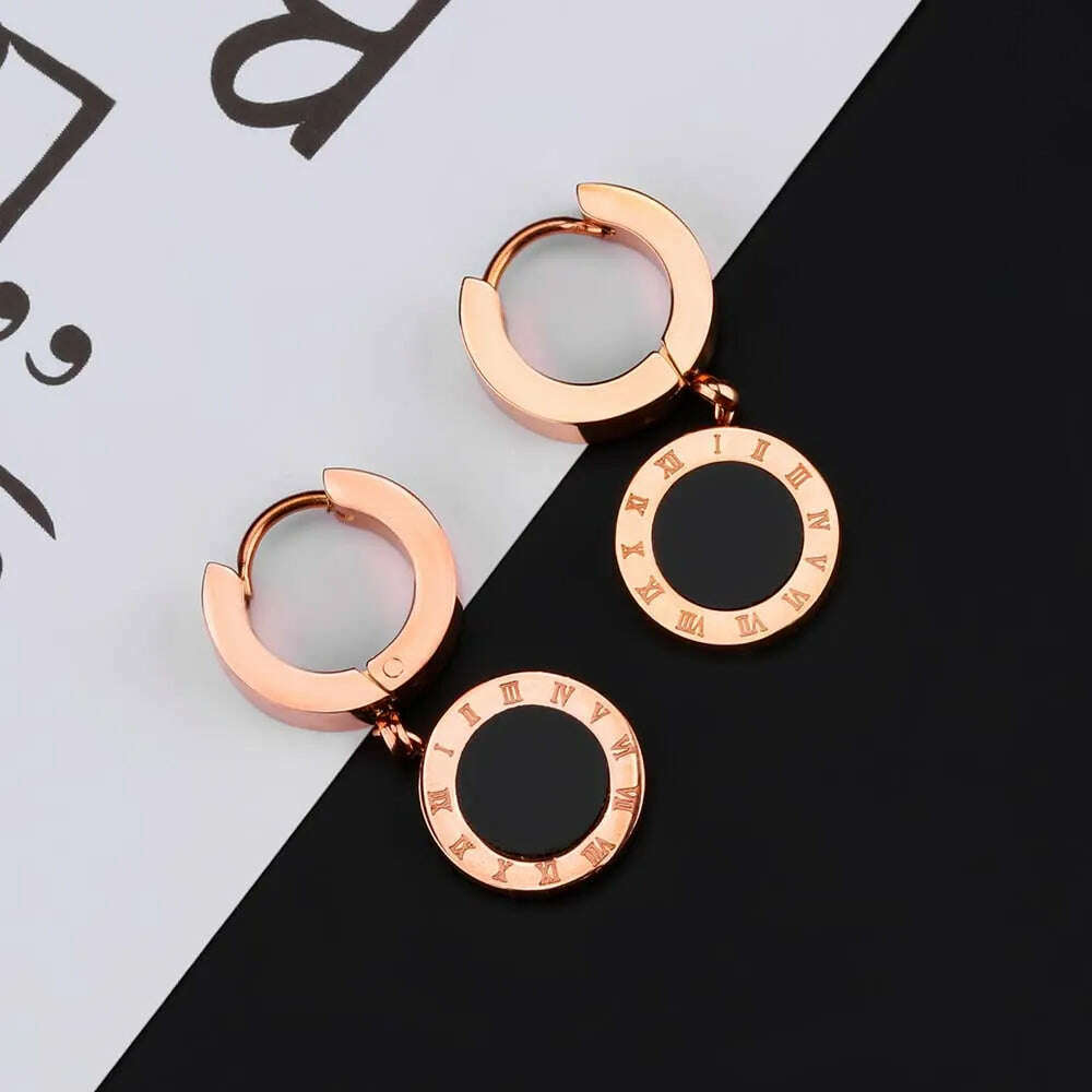 KIMLUD, ZooMango Black Shell Roman Numerals Circle Hoop Earrings Titanium Steel Rose Gold Color Wedding Earrings For Women ZE18114, KIMLUD Womens Clothes