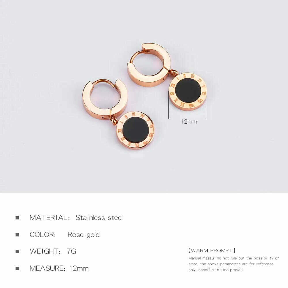 KIMLUD, ZooMango Black Shell Roman Numerals Circle Hoop Earrings Titanium Steel Rose Gold Color Wedding Earrings For Women ZE18114, KIMLUD Womens Clothes