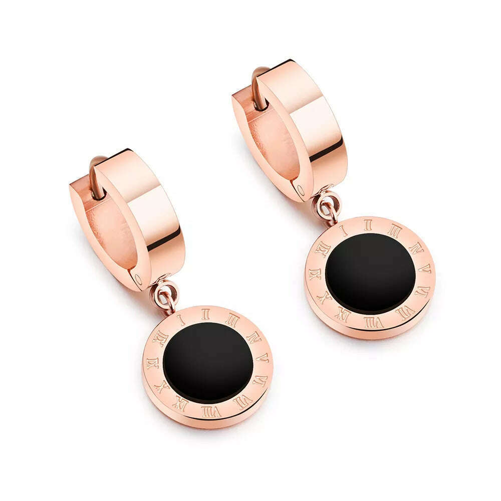 KIMLUD, ZooMango Black Shell Roman Numerals Circle Hoop Earrings Titanium Steel Rose Gold Color Wedding Earrings For Women ZE18114, Rose Gold Black, KIMLUD Womens Clothes