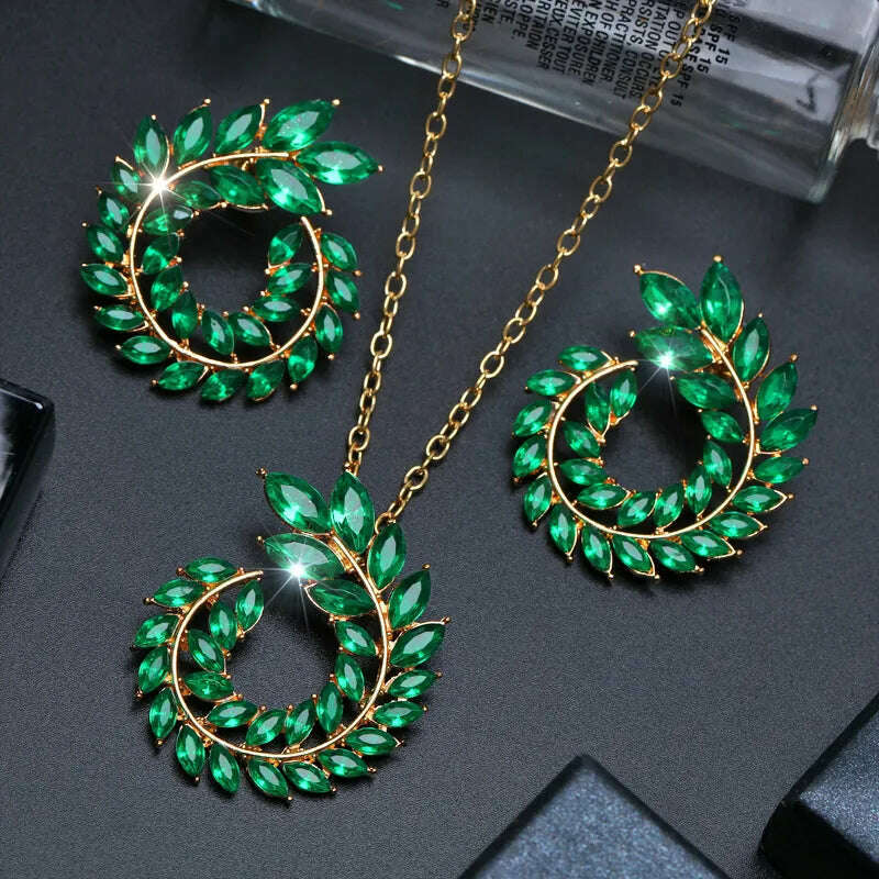 KIMLUD, ZOSHI Fashion Women  Jewelry Set New Design Luxury Zircon Olive Branch Earrings and Pendant Necklace Sets Wedding Jewelry Set, KIMLUD Womens Clothes
