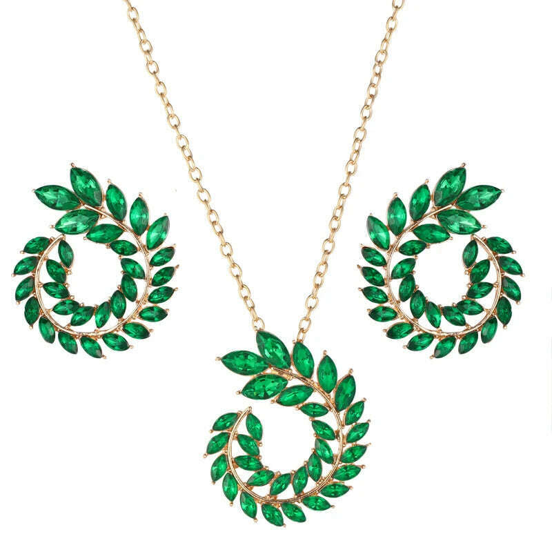 KIMLUD, ZOSHI Fashion Women  Jewelry Set New Design Luxury Zircon Olive Branch Earrings and Pendant Necklace Sets Wedding Jewelry Set, F1448 green, KIMLUD APPAREL - Womens Clothes