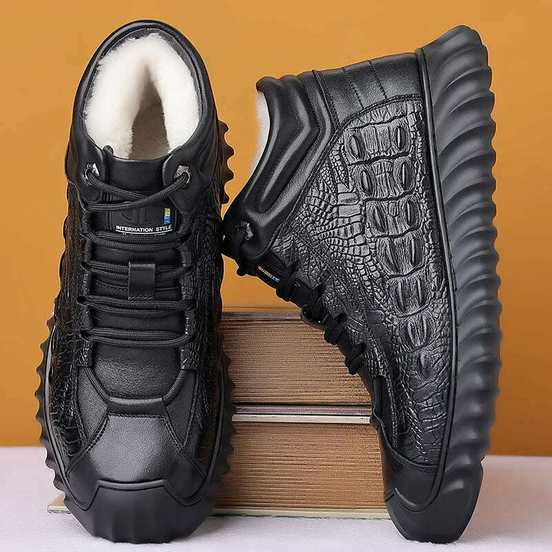 ZXRYXGS Winter Top Layer Cowhide Boots Wool Warm Comfort Casual Sneaker Snow Boots Trendy Black Mens Footwear - KIMLUD