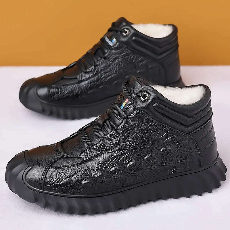 ZXRYXGS Winter Top Layer Cowhide Boots Wool Warm Comfort Casual Sneaker Snow Boots Trendy Black Mens Footwear - KIMLUD